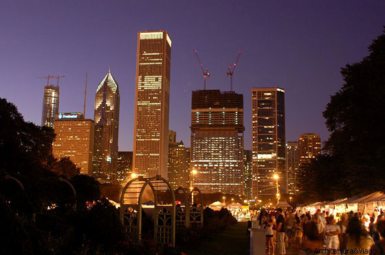 CHICAGO BY NIGHT - Da Grant Park vista sui lussuosi grattacieli illuminati tra cui emerge l'Aon Center