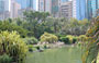 PARCO DI KOWLOON. I fenicotteri rosa al Bird Lake si pavoneggiano sullo sfondo degli alti edifici di Canton Road
