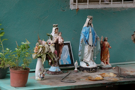 CHUAO - Statuette di Madonne e Santi nel giardinetto di una spartana abitazione