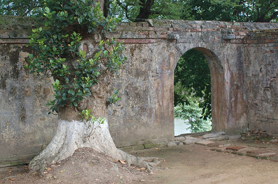 VIETNAM CENTRALE - Tomba di Minh Mang: oltre l'arco del muro in pietra si intravede  lo stagno e la vegetazione