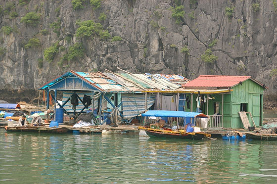 BAIA DI HALONG - Isola di Cat Ba: numerosi insediamenti a filo d'acqua in prossimità dell'isola